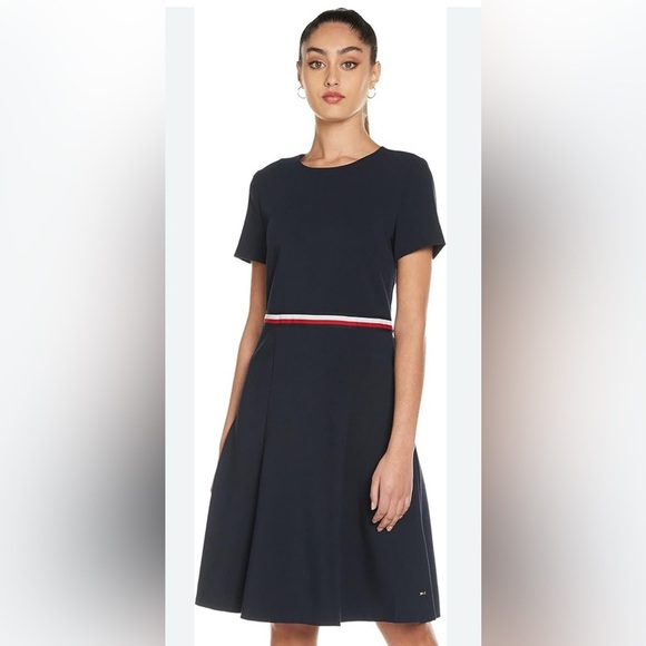 Tommy Hilfiger Black A-Line Midi Dress with Crew Neck - Picture 1 of 13
